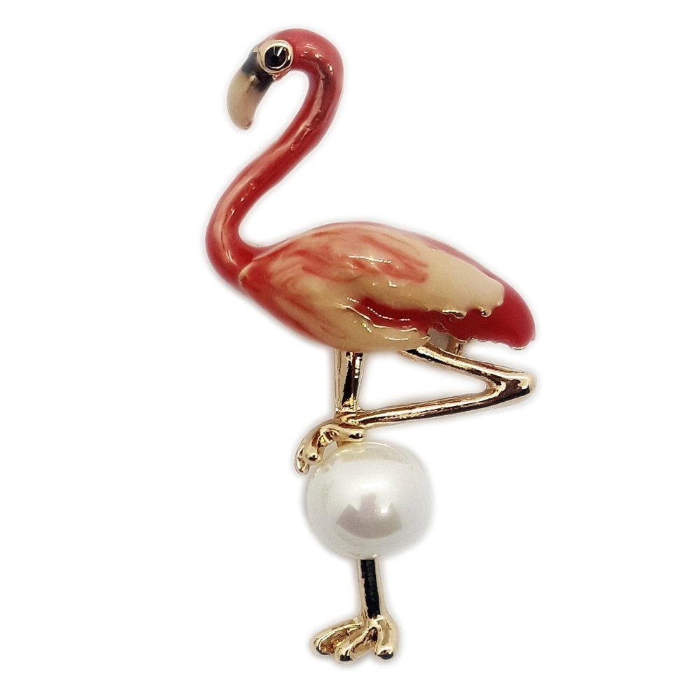 Enamel Flamingo & Faux Pearl Brooch